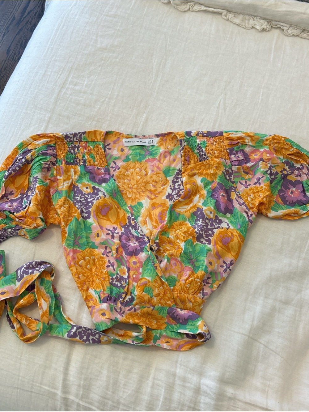 Floral Wrap Crop Top with Puff Sleeves - Yellow Purple Green